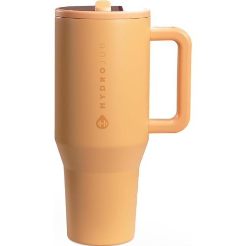 HydroJug Traveler - 40 oz Water Bottle with Handle & Flip Straw - Fits in Cup Holder, Leak Resistant Tumbler-Reusable Insulated Stainless Steel & Rubber Base - Gifts for Women & Men, Marigold