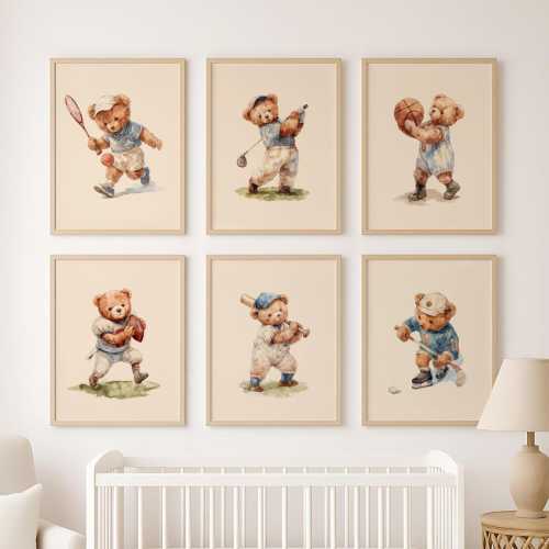 Set of 6 Vintage Teddy Bear Sports Wall Art, Babyshower Gift Boy, Watercolor Illustrations, Sports Nursery Theme Decor for Kids Room