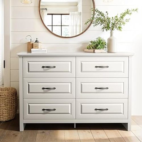 Amada Farmhouse 6 Drawer Dresser for Bedroom, 47.2 Inch Wide Wood Dresser with Natural Texture, Large Drawers, Rustic Farmhouse Chest of Drawers for Bedroom, Living Room, Hallway, White