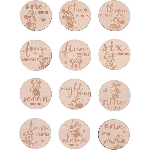 Disney Minnie Mouse Natural Wood Tone, 12 Piece Wooden Engraved Milestone Cards