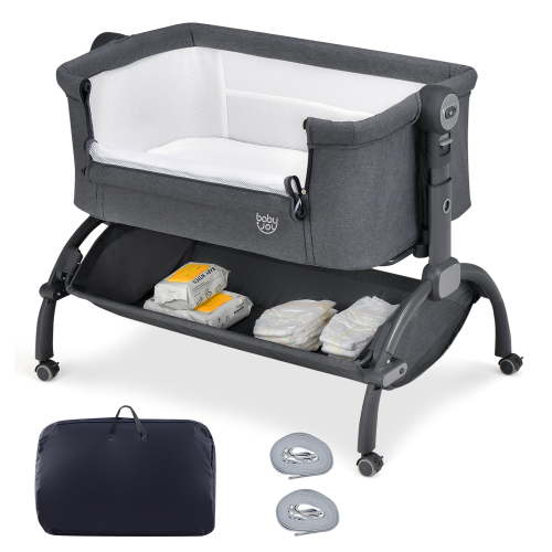 Costway 3-in-1 Portable Baby Bassinet Bedside Sleeper Cradle with Mattress& Storage Basket Gray