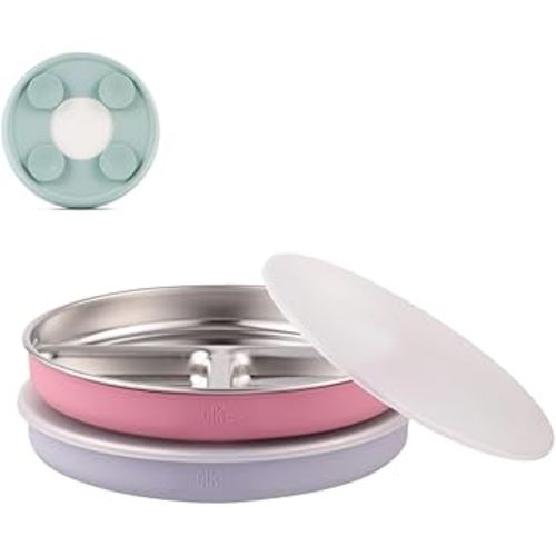 Elk and Friends Stainless Steel Divided Plates with Silicone Sleeve for Babies & Toddlers | Lids Included | Stay Put Suction | Dinner & Snack Plates | 2 Pack