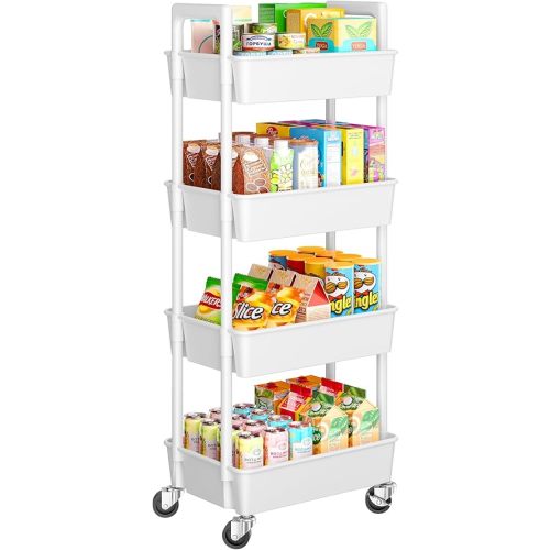 Pipishell 4 Tier Rolling Cart Organizer, Plastic Rolling Cart with Lockable Wheels & Reinforced Handle, Lightweight Utility Cart Storage Cart for Nursery, Kitchen, Bathroom, Craft Room, White, PIUC15W