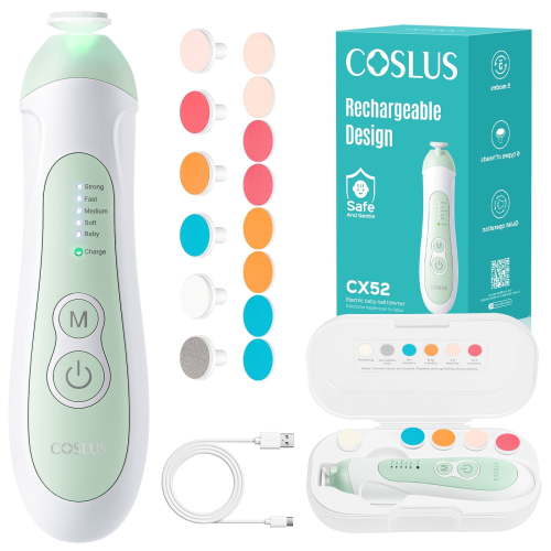 COSLUS CX52 Rechargeable Baby Nail Trimmer,Electric Nail File,5 Modes & 6 Grinding Heads for Infant Toddler Kid,Green