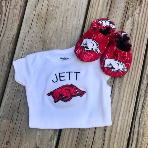 Licensed Arkansas Razorback Onesie, Razorback Baby Clothing, Personalized hog baby bodysuit