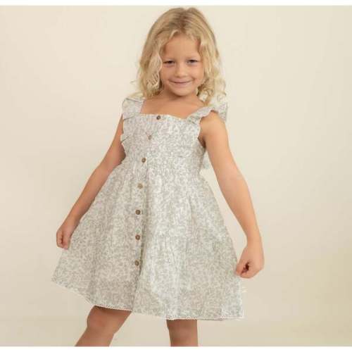Organic Flutter Buttoned Tiered Dress, Sage Floral - Makemake Organics | Maisonette