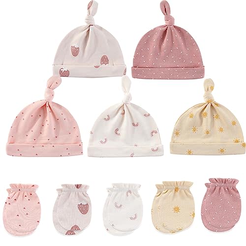 MAMIMAKA Baby Hat and Mittens Set Newborn Baby Hats Caps for Baby Boys Girls 0-6 Months 100% Cotton