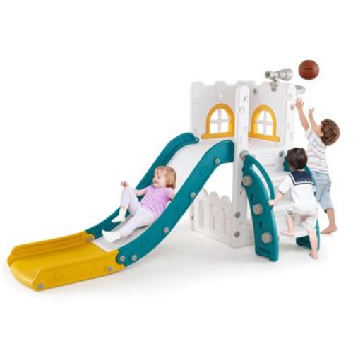 Costway 6 in 1 L-shaped Toddle Slide for Toddlers Age 1-3 Baby Slide with Basketball Hoop Yellow + Green