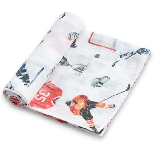 Bamboo Muslin Swaddle Blanket, 1 Pack, 47x47 Inch Large Baby Swaddle, Lightweight & Breathable, Soft for Newborn, Multi-Use Receiving Blanket, Hockey Match