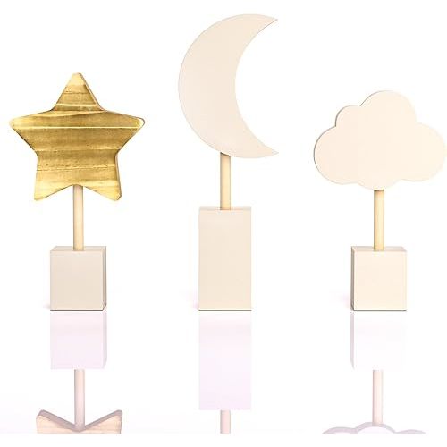 3 Pcs Dreamy Boho Nursery Wall Decor Set: Moon and Star Nursery Decor-Wooden Moon Shelf Decor with a Touch of Bohemian Style