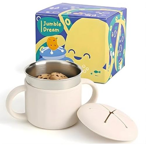Jumble Dream Stainless Steel Baby Snack Cup for Toddlers Kids – Spill-Proof Silicone Snack Container – BPA-Free Non-Toxic Dishwasher Safe Food-Grade Stainless Steel for Baby Snacks 6m+ to 3+ Years
