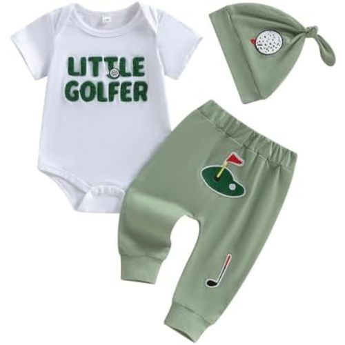 Muasaaluxi Newborn Baby Boy Golf Outfit Short Sleeve Little Golfer Embroidery Romper Long Pants Hat 3Pcs Summer Clothes