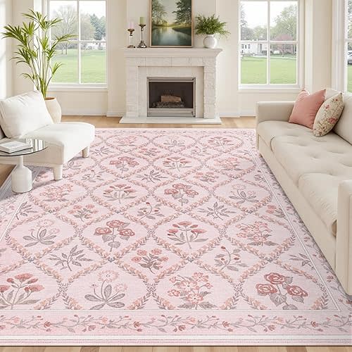 8x10 Area Rugs for Living Room, Boho Large Washable Bedroom Rug, Soft Pink Floral Carpet Non Slip Low Pile Carpet for Girls Room Playroom Nursery, Pink Multi