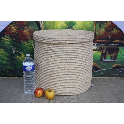 Round laundry basket - HAND BRAIDED in RAFFIA - Basket with lid - rattan straw wicker - XXL Size