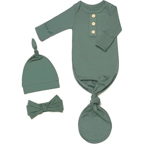Newborn Baby Knotted Gown, Super Soft Silky Infant Sleeper, Baby Girl Sleep Gown with Mittens, Bow, and Hat Set