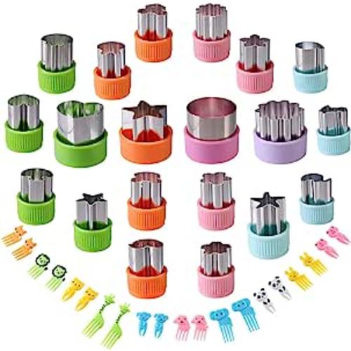 Vegetable Cutters Shapes Set, 20pcs Stainless Steel Mini Cookie Cutters, Vegetable Cutter and Fruit Stamps Mold + 20pcs Cute Cartoon Animals Food Picks and Forks -for Kids Baking and Food Supplement: Home & Kitchen