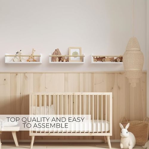 Decorative Nursery Bookshelves for Kids - Set of 3 Easy to Install Floating Shelves for Wall Mount - Beautiful Hanging Organizer Furniture for Your Baby Boy or Girl's Bedroom and Play Room Decor - White/Natural