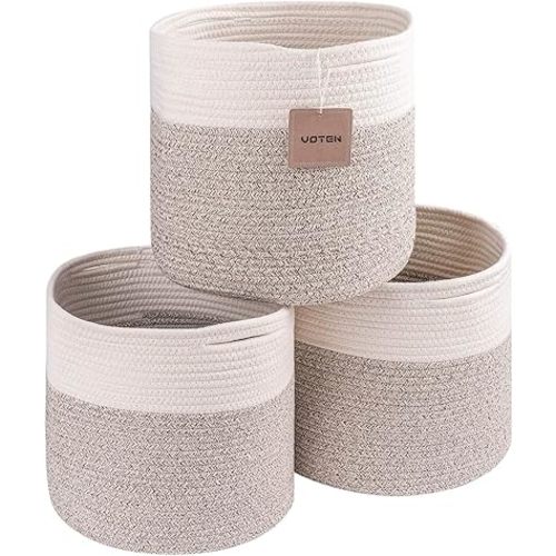 voten Storage Cubes Baskets Bins Organizer 11x11x11'' Fit 12x12''Cube Storage Organizer Bookcases Shelves,Durable Woven Cotton Storage Basket for Organizing,Round 3Pack Off White/Light Brown