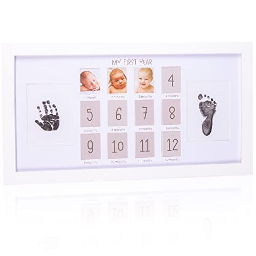 Hapinest My First Year Baby Handprint and Footprint Keepsake Monthly Picture Photo Frame - Neutral Nursery Wall Décor Baby Shower Registry Gifts for New Moms and Dads