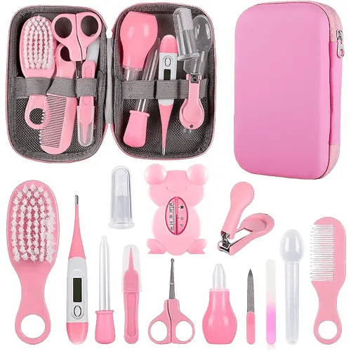 Baby Grooming Kit, Infant Safety Care Set with Hair Brush Comb Nail Clipper Nasal Aspirator,Baby Essentials Kit for Newborn Girls Boys (Pink Baby Grooming kit)