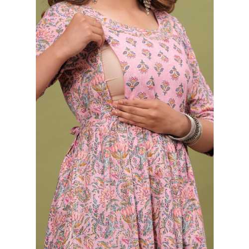 Floral Cotton Maternity Dress: Anarkali Nursing Kurti with Zippers