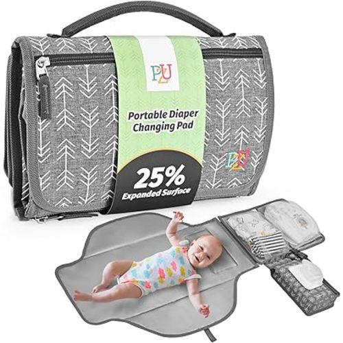 Portable Diaper Changing Pad - Changing Pad Portable with Wipes Pocket, Waterproof Diaper Changing Mat, Portable Changing Pad for Baby, Newborn Gift (Grey Arrows)
