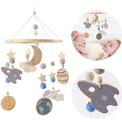 Baby Crib Mobile Wooden Wind Chime Bed Bell,Neutral Baby Crib Mobile,Baby Mobile for Crib,Handmade Baby Mobile,Space Baby Ceiling Mobile Baby Nursery Decoration Bed Bells 8