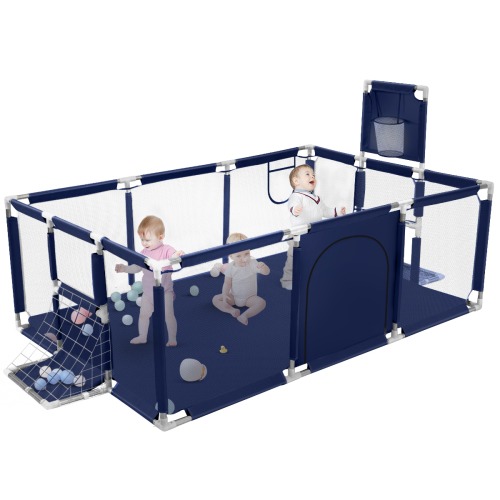 Baby Playpen,71 Inch Extra Large Baby Playard With Basketball Hoop and Breathable Mesh,Children Kids Play Fence for Indoors Outdoors,Blue