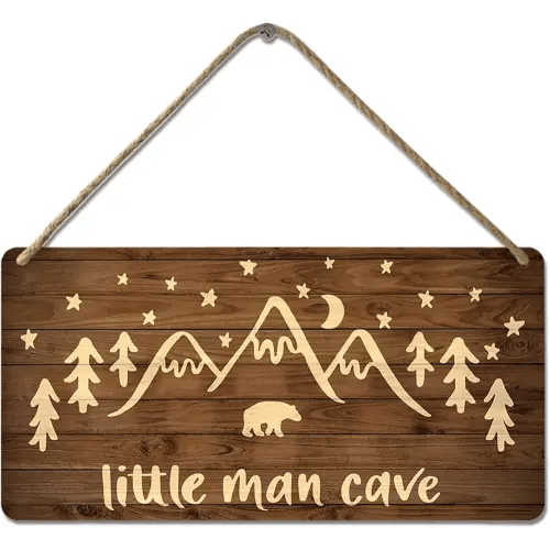 Little Man Cave Sign Woodland Nursery Wall Decor for Baby Boys Rustic Bear Forest Animal Wood Signs, Nursery Room Decor for Boys Bedroom Farmhouse Sign Wooden Wall Art 10x8 Inch