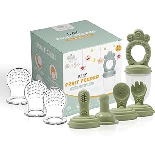 Minie Joo Baby Fruit Feeder Pacifier – 7-in-1 Silicone Teether Toy & Food Feeder with Spoon, Fork, and Interchangeable Heads – BPA-Free, Anti-Choke, Self-Feeding Set for Infants & Toddlers