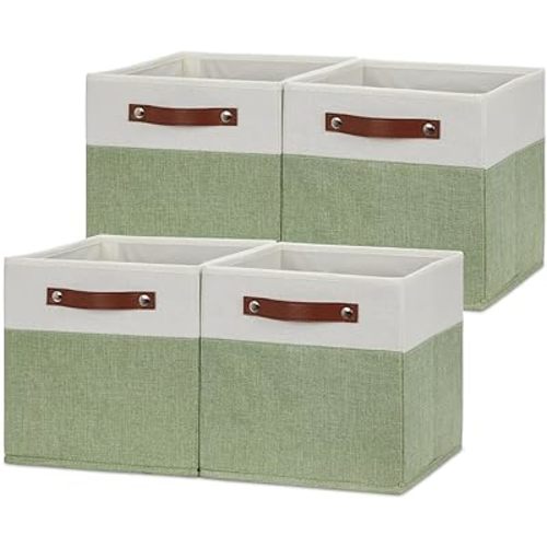 HNZIGE Fabric 11x11 Cube Storage Bins, Set of 4, Foldable Storage Cube Bin Baskets for Shelves with Handles, Bins for Cube Organizer Home Toy Nursery Closet(Green White)