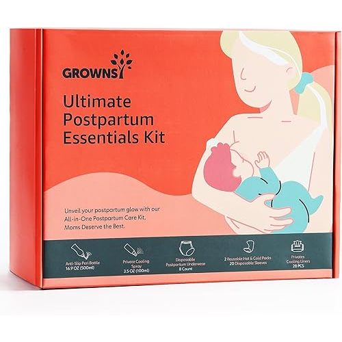 GROWNSY Postpartum Essentials Recovery Kit for Women After Birth, Postpartum Kit for Labor Delivery, Self-Absorbent Postpartum Disposable Underwear, Peri Bottle, Perineal Spray, Post Partum Ice Packs