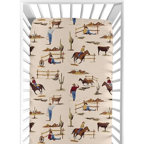 Sweet Jojo Designs Fitted Baby Crib Sheets Western Cowboy Standard Size Beige Tan Wild West, Boys, Vintage Americana, Southern, Country, Horse Ranch, Farm, Infant Nursery, Toddler Room