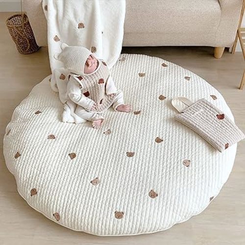 Yuehuam Baby Cotton Round Rug 35.4in Bear Embroidered Nursery Rug Crawling Pad Area Rug Floor Cushion Carpet Baby Activity Mat for Kid Baby Toddlers Infant Room Decoration, Thin Style