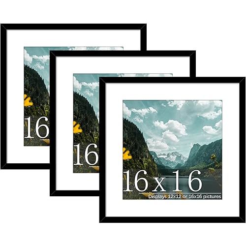 Picrit 16x16 Picture Frame 3 Pack, Black Poster Frame, Display Poster 12 x 12 with Mat or 16 x 16 without Mat for Horizontal or Vertical Wall Mounting.