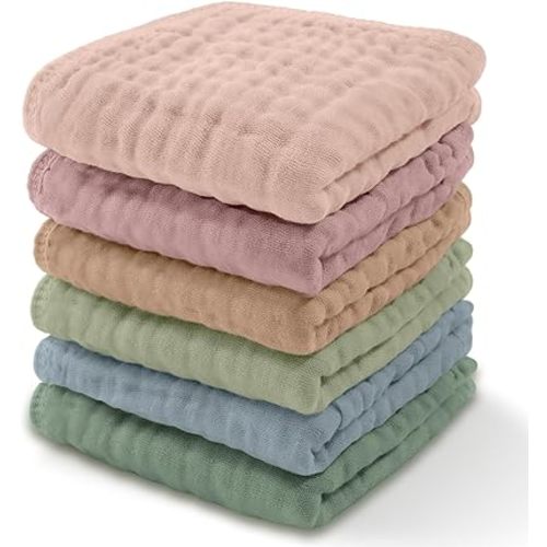 Comfy Cubs Muslin Baby Washcloths 6 Pack - Soft 6-Layer Cotton Wash Cloths for Sensitive Skin - 10"x10" Large, Gentle, Absorbent Infant Essentials for Newborn and Toddlers - (Multicolor)