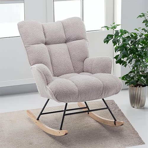 Nursery Rocking Chair Teddy, Upholstered Glider Rocker with High Backrest, Comfortable Stylish Accent Armchair with Padded Seat for Living Rooms, Grey Bedrooms, Offices, Grey