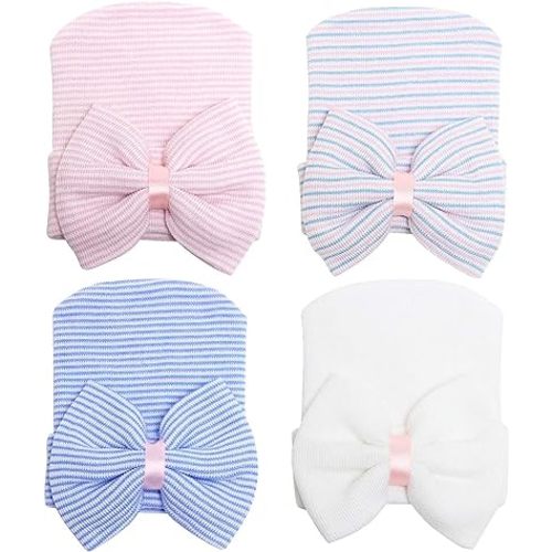 DRESHOW BQUBO 4 Pack Newborn Hospital Hat Infant Baby Hat Cap with Big Bow Soft Cute Knot Nursery Beanie