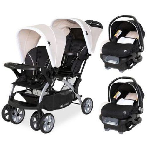 Baby Trend Sit N Stand Easy Fold Travel Double Baby Stroller and 2 Single Infant Car Seats Travel System with Safety Harnesses and Cover, Khaki