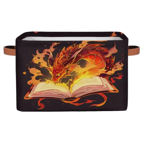 Magic Dragon Square Storage Basket, Fiery Magic Book Fabric Storage Bin with Leather Handles Collapsible Storage Bin Nursery Hamper for Organizing Toys, Clothes, Books, Gift Baskets