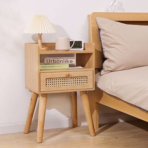 Urban Deco Nightstand,Wooden Bedside Table with Fabric Drawer,Modern End Table for Bedroom and Living Room.
