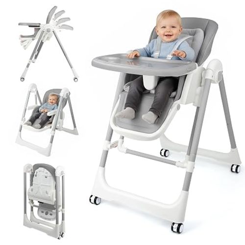 Foldable High Chairs for Babies and Toddlers Convert to Baby Rocker | Convertible with Reclining Seat & Leg Rest, 3-in-1 with Tool-Free Assembly