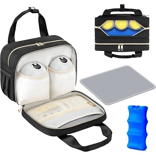 PIIOSER Breastmilk Cooler Bag with Ice Pack, Compatible with Wearable Breast Pumps & Accessories - Portable Pumps Carrying Case for Nursing & Working Moms, Black