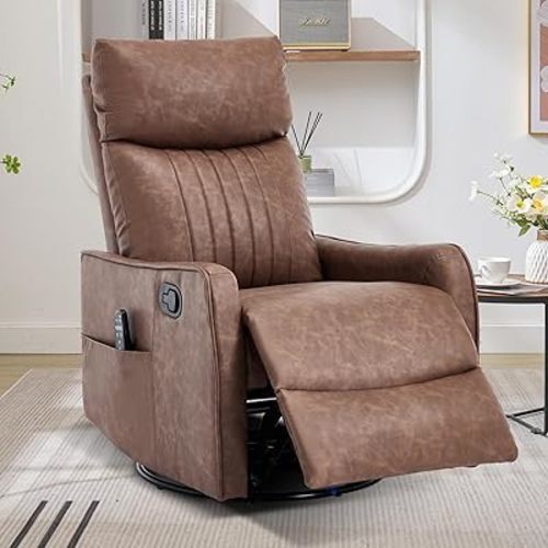 Swivel Rocker Recliner Chair, 360° Swivel Recliner with Heat and Massage, Rocker Recliner Upholstered Fabric Nursery Glider Recliner Chair with Side Pockets for Living Room PU Dark Brown