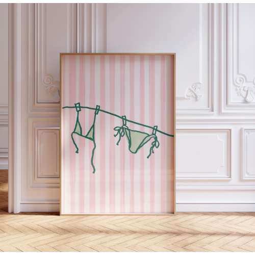 Striped Bikini East Coast Endless Summer Print | Coastal Wall Art | Pink and Green Preppy Decor | Digital Download