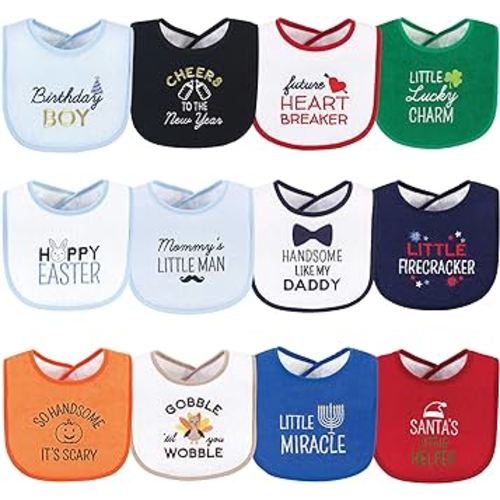 Hudson Baby Unisex Baby Cotton Terry Drooler Bibs with Fiber Filling, Cute Boy Holiday Sayings, One Size