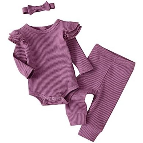Kulcerry Newborn Infant Baby Girl Clothes Solid Color Ribbed Long Sleeve Romper Pants Headband Outfits Set