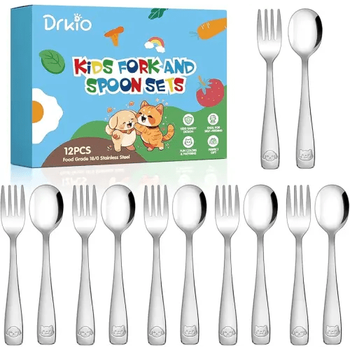 DRKIO Stainless Steel Toddler Utensils Set - 12 Pieces Kids Silverware Set Children Safe Food Grade Small Forks and Spoons Dishwasher Safe Mirror Polished