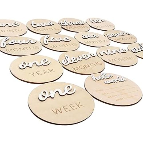 3D Wooden Monthly Milestone Cards, Baby Monthly Milestone Marker Cards, Newborn Memento Milestone to Document Baby's Growth, Pregnancy Journey Sign -incl Announcement & Hello World Sign.