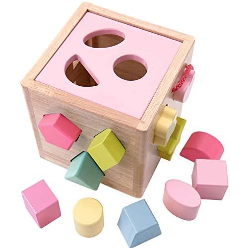 Babe Rock Shape Color Sorter Toddler Toy - Wooden Toddler Toy Color Recognition Shape Sorting Cube Lid for Toddlers Learning Sort and Match Toys for 3 Years Old Boys Girls